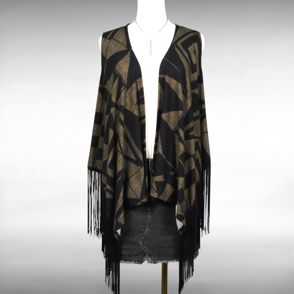 Boho Chic Festival Folk Geometric Fringe Open Front Knit Vest Black Womens PS